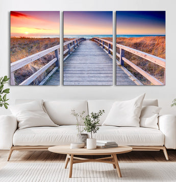 60625-MGV-CV-60X30-3P-Beach Boardwalk Sunrise Wall Art – Coastal Pathway to Ocean Canvas Print, Seaside Landscape Decor for Home or Office
