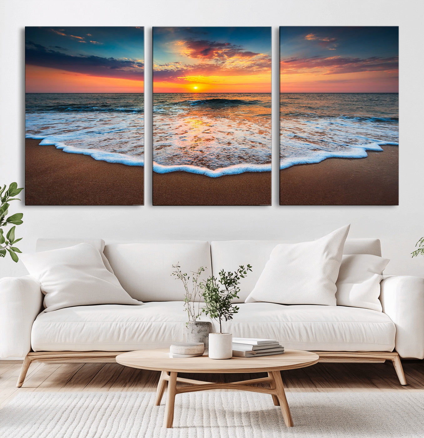 16110-MGV-CV-60X30-3P-Ocean Sunset Wall Art – Vibrant Beach Waves and Horizon Canvas Print, Relaxing Coastal Seascape Decor for Living Room or Bedroom