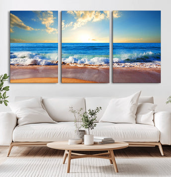 50522-MGV-CV-60X30-3P-Ocean Sunrise Wall Art – Peaceful Beach Waves and Golden Horizon Canvas Print, Coastal Seascape Decor for Home or Office
