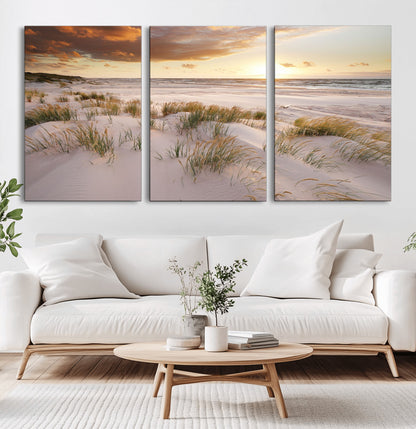 61246-MGV-CV-60X30-3P-Coastal Sand Dunes Wall Art – Serene Beach Sunset Canvas Print with Grasses and Ocean View, Tranquil Seaside Decor for Living Room