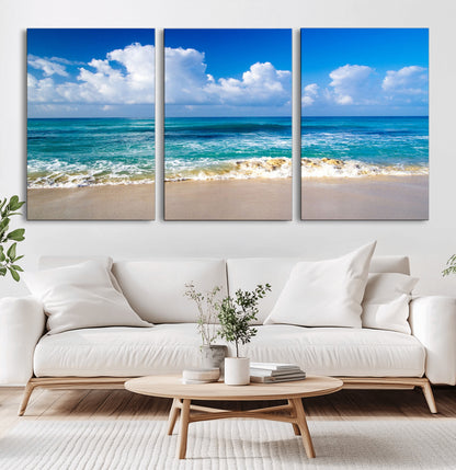 60364-MGV-CV-60X30-3P-Tropical Ocean Wave Wall Art – Serene Blue Sea and White Sand Beach Canvas Print, Coastal Landscape Decor for Living Room, Bedroom