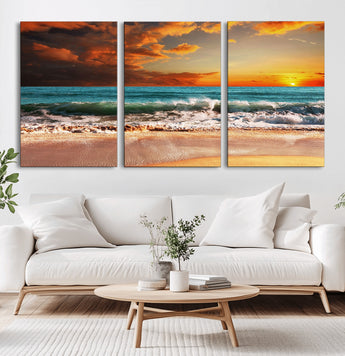 72948-MGV-CV-60X30-3P-Ocean Sunset Wave Wall Art – Dramatic Seascape Canvas Print with Golden Sky and Crashing Waves, Coastal Beach Decor for Living