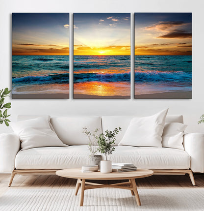 50627-MGV-CV-60X30-3P-Ocean Sunset Wall Art – Serene Beach Canvas Print with Waves and Golden Sky, Coastal Decor for Living Room or Office