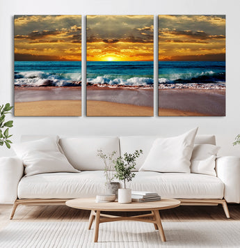83389-MGV-CV-60X30-3P-Ocean Sunrise Wall Art – Vibrant Beach Waves Canvas Print, Coastal Seascape Decor for Living Room or Office