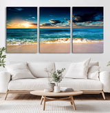 88985-MGV-CV-60X30-3P-Ocean Sunset Wall Art – Tranquil Beach Waves Canvas Print, Coastal Seascape Decor for Living Room or Office
