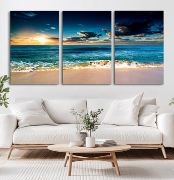88985-MGV-CV-60X30-3P-Ocean Sunset Wall Art – Tranquil Beach Waves Canvas Print, Coastal Seascape Decor for Living Room or Office