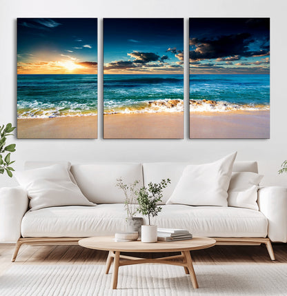 88985-MGV-CV-60X30-3P-Ocean Sunset Wall Art – Tranquil Beach Waves Canvas Print, Coastal Seascape Decor for Living Room or Office