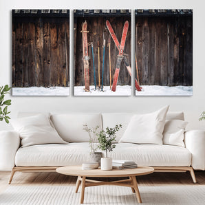 78590-MGV-CV-36X24-Vintage Ski Equipment Wall Art – Rustic Winter Sports Canvas Print, Retro Skiing Decor for Living Room, Office, or Cabin