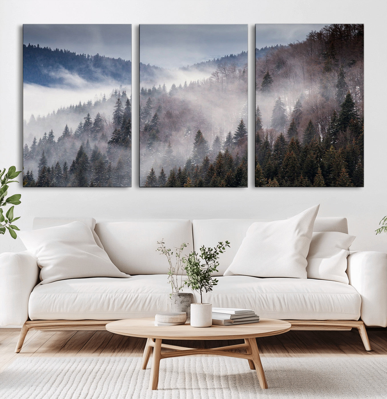 18459-MGV-CV-60X30-3P-Misty Pine Forest Wall Art – Serene Mountain Landscape Canvas Print, Tranquil Nature Artwork for Living Room, Bedroom, Cabin or