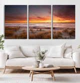 90176-MGV-CV-60X30-3P-Beach Sunset Wall Art – Coastal Sand Dune Canvas Print with Ocean Waves and Dramatic Sky, Seaside Landscape Decor for Living Room