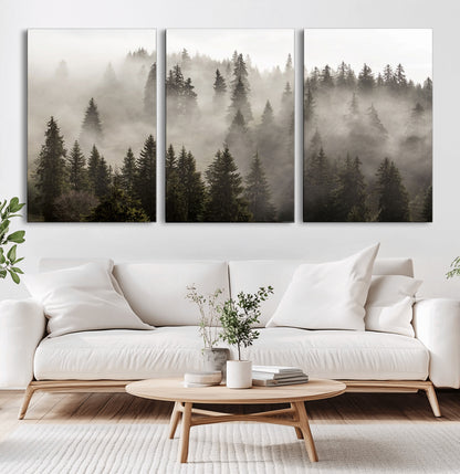 62862-MGV-CV-60X30-3P-Misty Forest Wall Art – Tranquil Pine Tree Canvas Print with Mountain Fog, Nature Landscape Artwork for Living Room, Bedroom, or