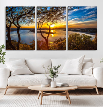 66839-MGV-CV-60X30-3P-Lake Sunset Wall Art – Golden Hour Canvas Print with Trees and Water Reflection, Scenic Landscape Photography for Living Room,