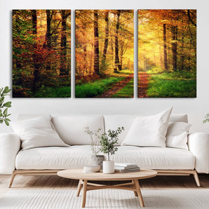 73494-MGV-CV-36X24-Golden Autumn Forest Path Wall Art – Sunlit Woodland Canvas Print, Fall Nature Landscape Home Decor