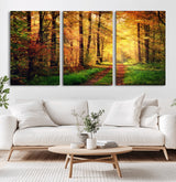 73494-MGV-CV-60X30-3P-Golden Autumn Forest Path Wall Art – Sunlit Woodland Canvas Print, Fall Nature Landscape Home Decoration
