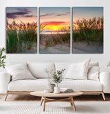 25576-MGV-CV-60X30-3P-Beach Grass Sunset Wall Art – Coastal Sand Dune Landscape Canvas Print, Ocean View Nature Decor for Living Room or Office Wall