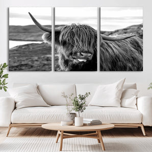 83810-MGV-CV-36X24-Highland Cow Wall Art – Black and White Highland Cattle Print, Rustic Farmhouse Animal Decor for Living Room or Office