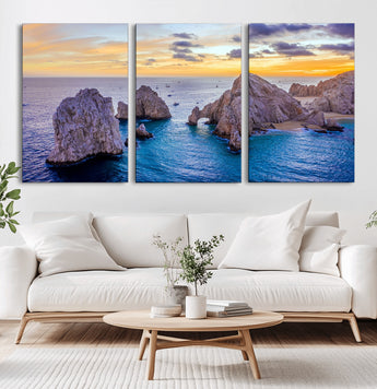 72955-MGV-CV-60X30-3P-Ocean Rock Formation Wall Art – Sunset Coastal Seascape Print, Beach Landscape Decor for Living Room or Office