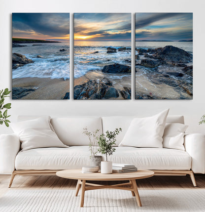17902-MGV-CV-60X30-3P-Rocky Shore Ocean Sunset Wall Art – Coastal Seascape Canvas Print, Nature Beach Decor for Living Room or Office