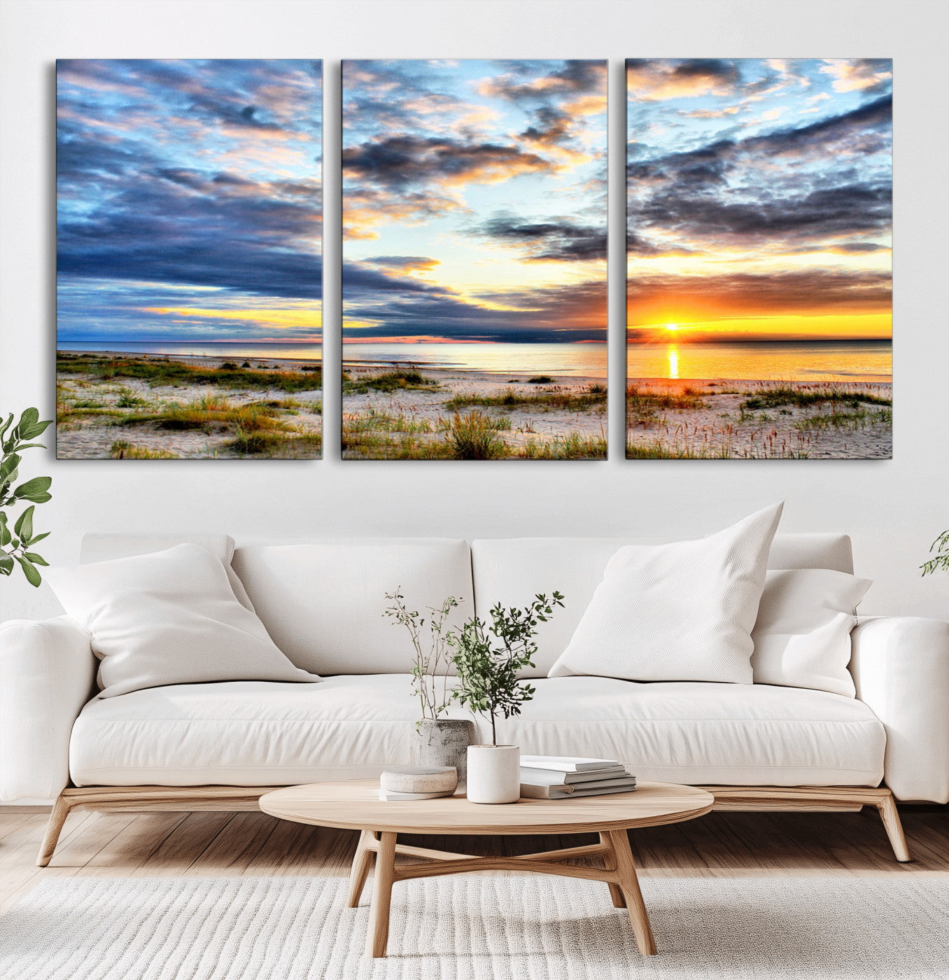 39645-MGV-CV-60X30-3P-Golden Beach Sunset Wall Art – Serene Ocean Horizon Canvas Print, Coastal Nature Landscape Decor for Living Room, Bedroom or