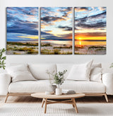 39645-MGV-CV-60X30-3P-Golden Beach Sunset Wall Art – Serene Ocean Horizon Canvas Print, Coastal Nature Landscape Decor for Living Room, Bedroom or