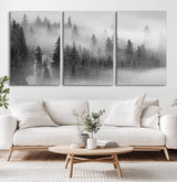 57235-MGV-CV-36X24-Misty Pine Forest Wall Art – Black and White Mountain Landscape Canvas Print, Nature Woodland Decor for Living Room, Bedroom or