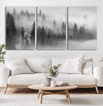 57235-MGV-CV-36X24-Misty Pine Forest Wall Art – Black and White Mountain Landscape Canvas Print, Nature Woodland Decor for Living Room, Bedroom or