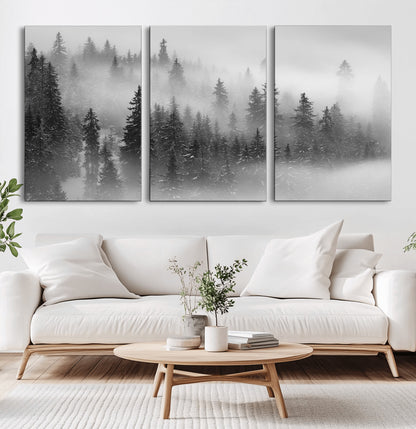 57235-MGV-CV-36X24-Misty Pine Forest Wall Art – Black and White Mountain Landscape Canvas Print, Nature Woodland Decor for Living Room, Bedroom or