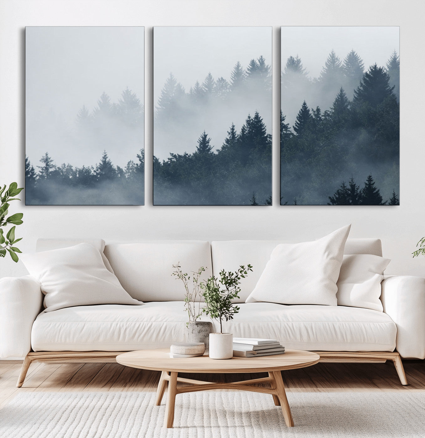 23671-MGV-CV-60X30-3P-Misty Forest Wall Art – Serene Foggy Pine Trees Landscape Canvas Print, Tranquil Nature Decor for Living Room, Bedroom or Office