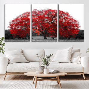 80021-MGV-CV-36X24-Red Tree Wall Art – Striking Black and White Landscape Canvas Print with Vibrant Red Leaves, Modern Nature Decor for Living Room