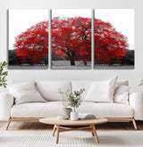 80021-MGV-CV-36X24-Red Tree Wall Art – Striking Black and White Landscape Canvas Print with Vibrant Red Leaves, Modern Nature Decor for Living Room
