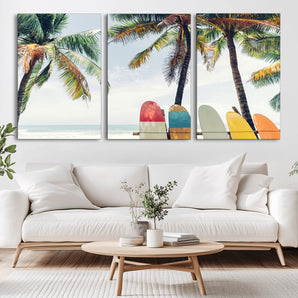 76171-MGV-CV-36X24-Surfboard Wall Art – Tropical Palm Tree and Colorful Surfboards Beach Canvas Print, Coastal Summer Decor for Living Room, Office
