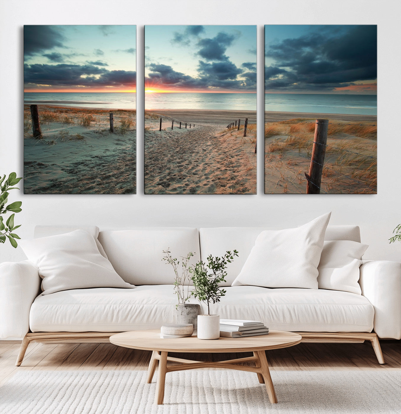 25788-MGV-CV-60X30-3P-Sunset Beach Path Wall Art – Scenic Coastal Dunes and Ocean Canvas Print, Tranquil Seaside Landscape Decor for Living Room or
