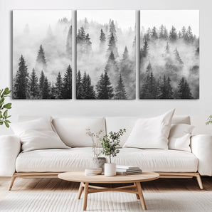 10422-MGV-CV-36X24-Misty Pine Forest Wall Art – Black and White Foggy Landscape Canvas Print, Serene Nature Woodland Decor for Bedroom, Office or