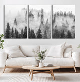 10422-MGV-CV-36X24-Misty Pine Forest Wall Art – Black and White Foggy Landscape Canvas Print, Serene Nature Woodland Decor for Bedroom, Office or