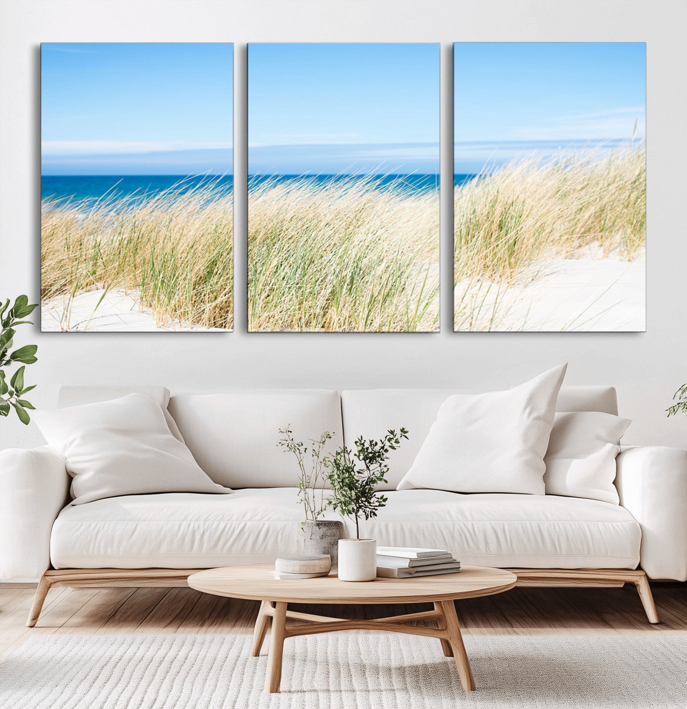 96913-MGV-CV-60X30-3P-Coastal Dunes Wall Art – Serene Beach Grass and Blue Ocean Canvas Print, Relaxing Seaside Nature Decor for Living Room, Bedroom or