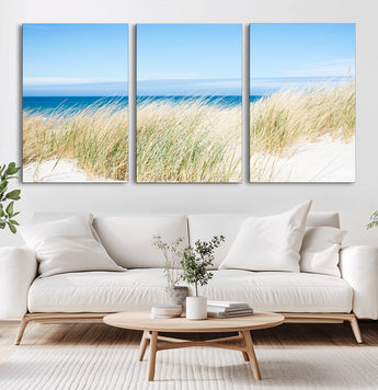 96913-MGV-CV-60X30-3P-Coastal Dunes Wall Art – Serene Beach Grass and Blue Ocean Canvas Print, Relaxing Seaside Nature Decor for Living Room, Bedroom or
