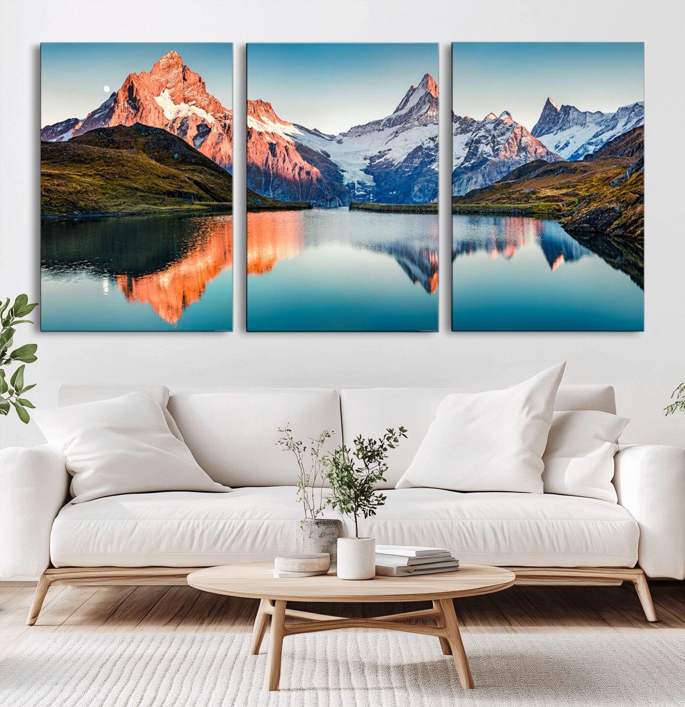 88453-MGV-CV-60X30-3P-Mountain Lake Wall Art – Snow-Capped Peaks Reflected in Alpine Water Canvas Print, Nature Landscape Wall Decor for Living Room or