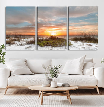 91064-MGV-CV-60X30-3P-Beach Sunset Wall Art – Coastal Sand Dunes and Ocean Horizon Canvas Print, Seaside Landscape Wall Decor for Living Room, Bedroom