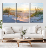 48907-MGV-CV-60X30-3P-Beach Sunset Wall Art – Coastal Sand Dunes and Ocean View Canvas Print, Serene Seaside Landscape Painting for Living Room, Bedroom