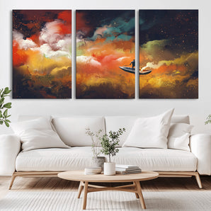 45085-MGV-CV-36X24-Surreal Cosmic Wall Art – Abstract Galaxy Dreamscape Canvas Print with Man and Dog in Boat, Fantasy Nebula Painting for Living