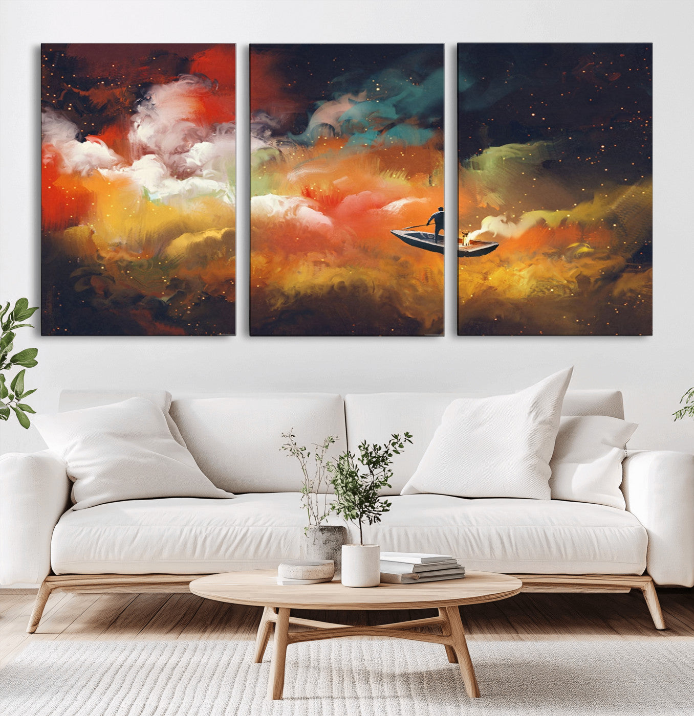 45085-MGV-CV-36X24-Surreal Cosmic Wall Art – Abstract Galaxy Dreamscape Canvas Print with Man and Dog in Boat, Fantasy Nebula Painting for Living