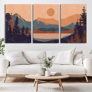 62795-MGV-CV-36X24-Minimalist Mountain Landscape Wall Art – Abstract Sunset Over Peaks and Pine Trees Canvas Print, Modern Nature Decor for Living