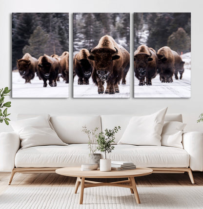 66871-MGV-CV-60X30-3P-Bison Herd Wall Art – Wildlife Buffalo Canvas Print, Rustic Western Nature Photography Decor for Living Room, Office, Cabin, or