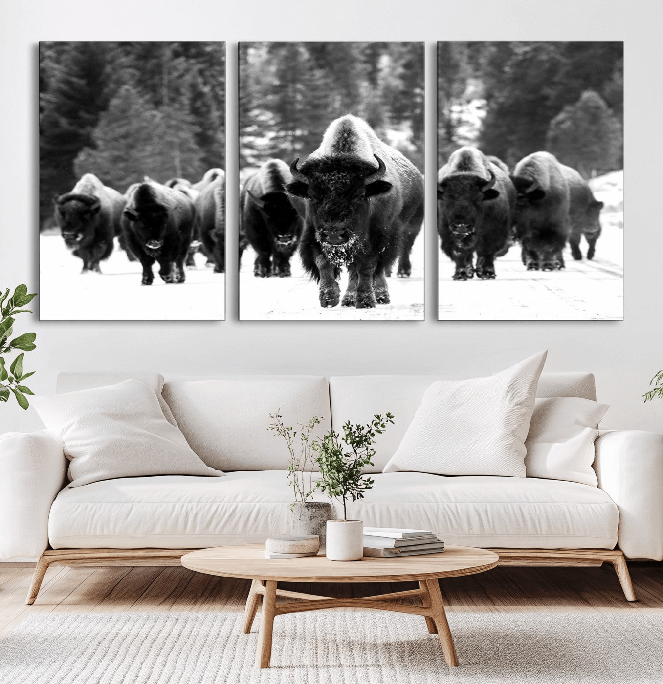 62434-MGV-CV-60X30-3P-Bison Herd Wall Art – Majestic Black and White Buffalo Canvas Print, Wildlife Nature Photography Decor for Living Room, Office or