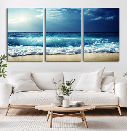 84116-MGV-CV-60X30-3P-Ocean Wave Wall Art – Blue Sea and Beach Canvas Print, Coastal Seascape Photography Artwork for Living Room, Bedroom, or Office