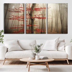 61855-MGV-CV-36X24-Misty Forest Wall Art – Red Tree with Autumn Leaves Canvas Print, Moody Woodland Nature Decor for Living Room, Bedroom, or Office