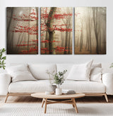 61855-MGV-CV-36X24-Misty Forest Wall Art – Red Tree with Autumn Leaves Canvas Print, Moody Woodland Nature Decor for Living Room, Bedroom, or Office