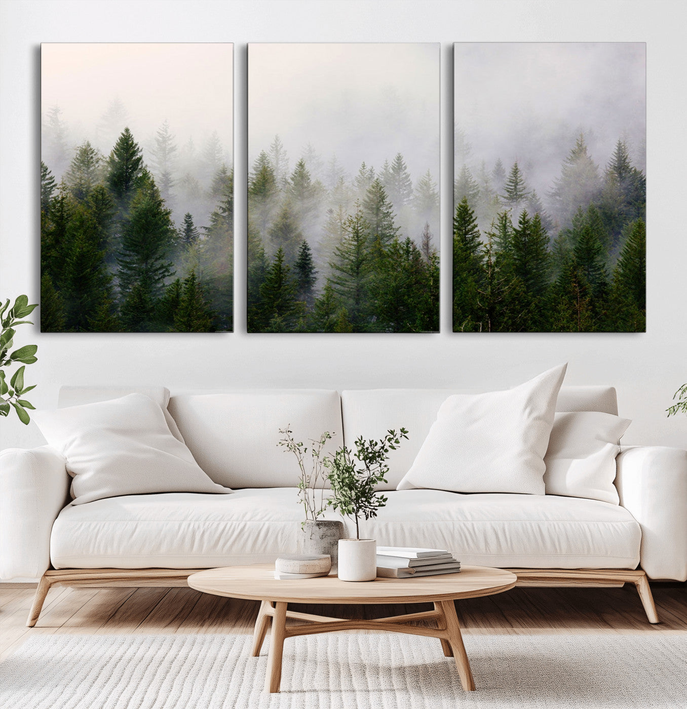 11436-MGV-CV-60X30-3P-Misty Forest Wall Art – Tranquil Evergreen Tree Canvas Print with Foggy Landscape, Nature Inspired Artwork for Bedroom, Living