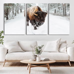 84699-MGV-CV-36X24-Bison in Winter Wall Art – Majestic Buffalo Canvas Print with Snowy Forest Landscape, Rustic Wildlife Artwork for Cabin, Living