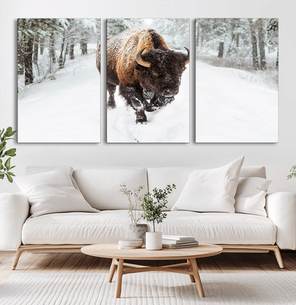 84699-MGV-CV-36X24-Bison in Winter Wall Art – Majestic Buffalo Canvas Print with Snowy Forest Landscape, Rustic Wildlife Artwork for Cabin, Living